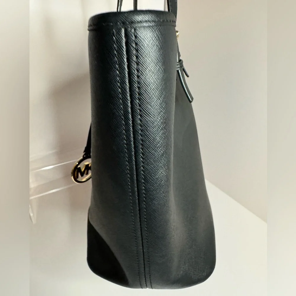 #143 Michael Kors Jet Set Travel Large Top Zip Black Leather Shoulder Tote - Picture 6 of 17